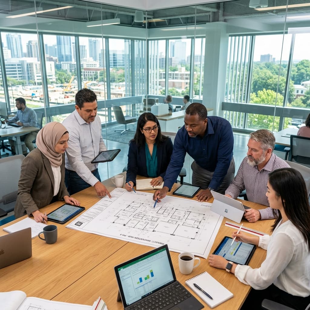 Senior team of construction estimators analyzing architectural blueprints in modern workspace