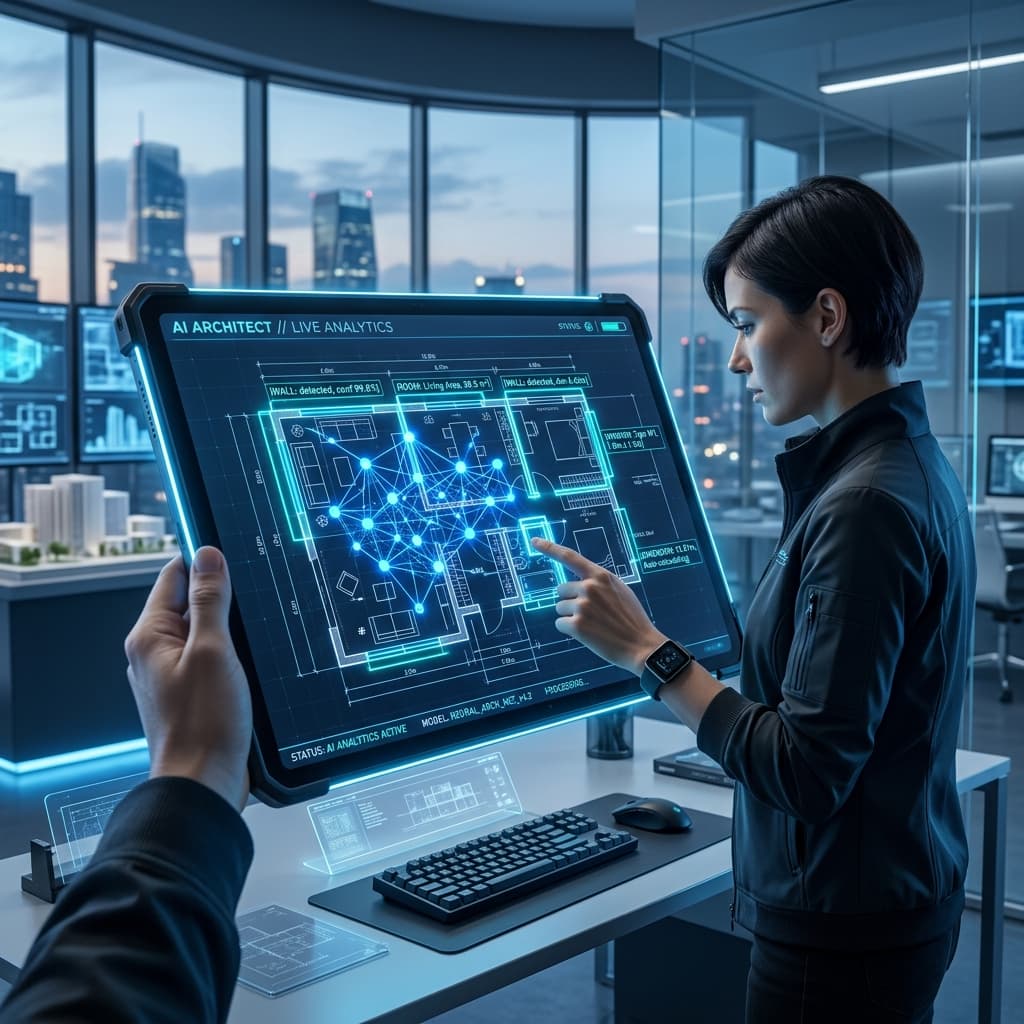 Architectural blueprints with automated AI bounding boxes and measurement takeoff