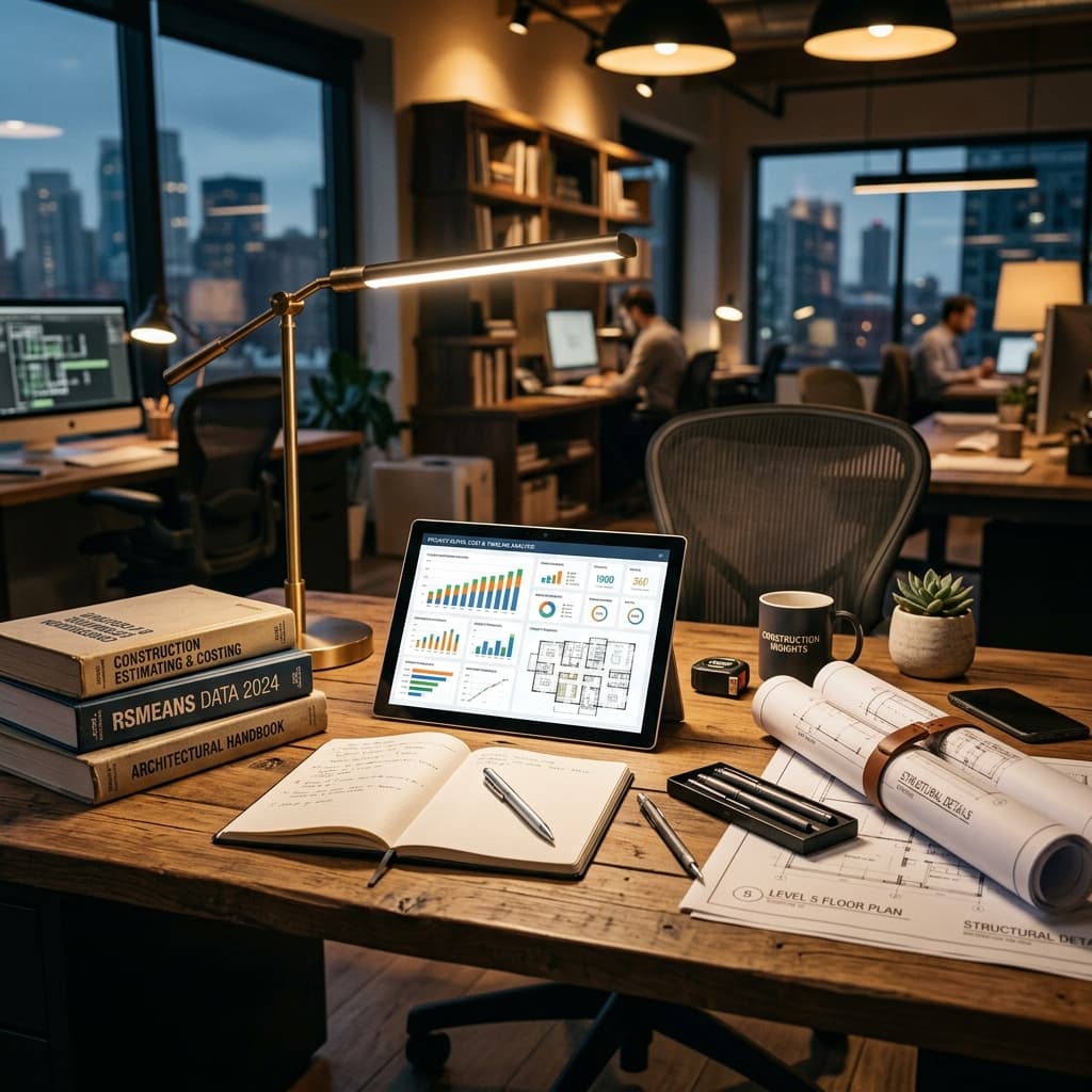 Professional estimators analyzing blueprint plans and estimating software metrics