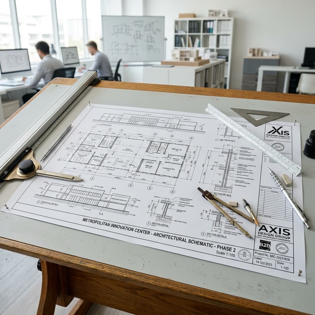 Architectural drafting blueprint workspace showing precision takeoff scales and digital measurement tools