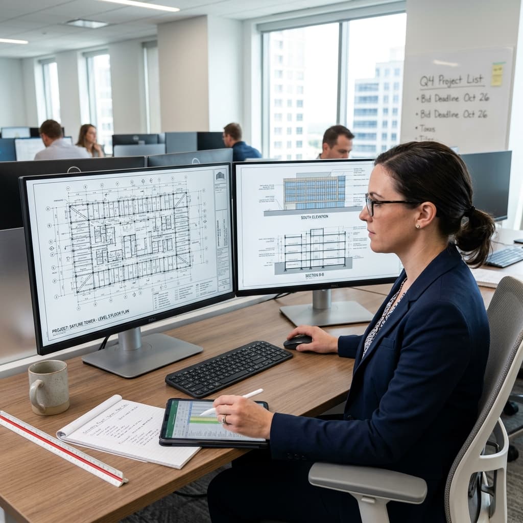Construction professional reviewing detailed digital blueprints and architectural plans on dual monitors