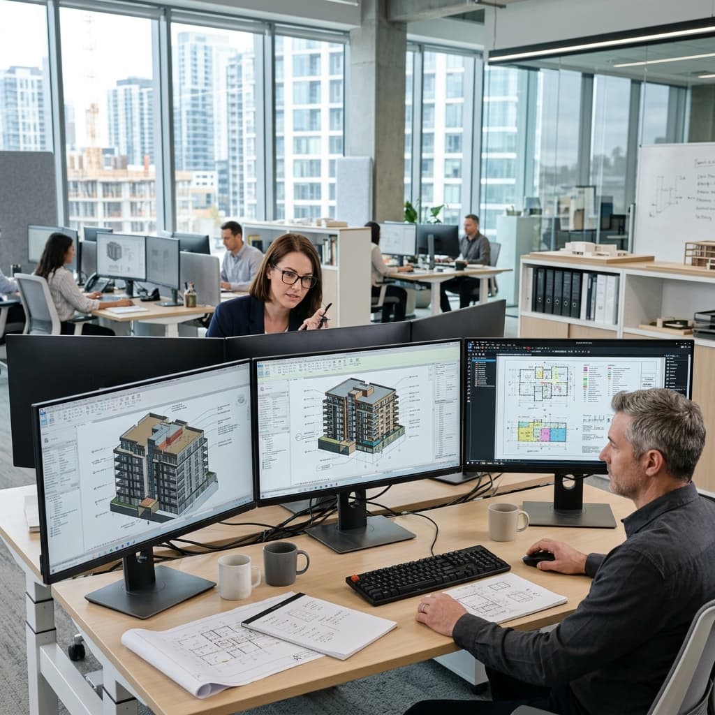 Estimating team reviewing architectural blueprints and digital quantity takeoff models on multi-screen monitors