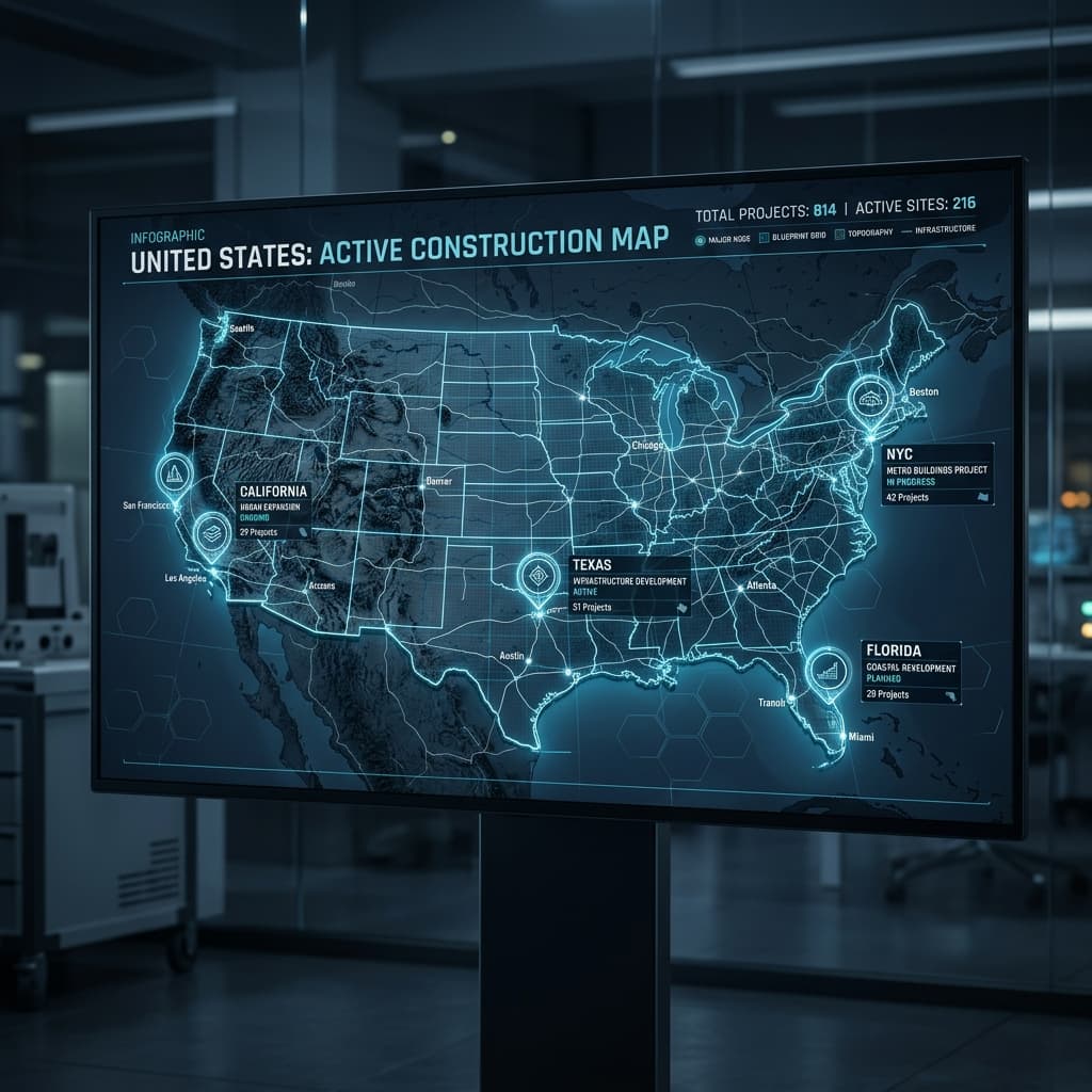 Engineering blueprints superimposed over geographical state map representing US construction coverage